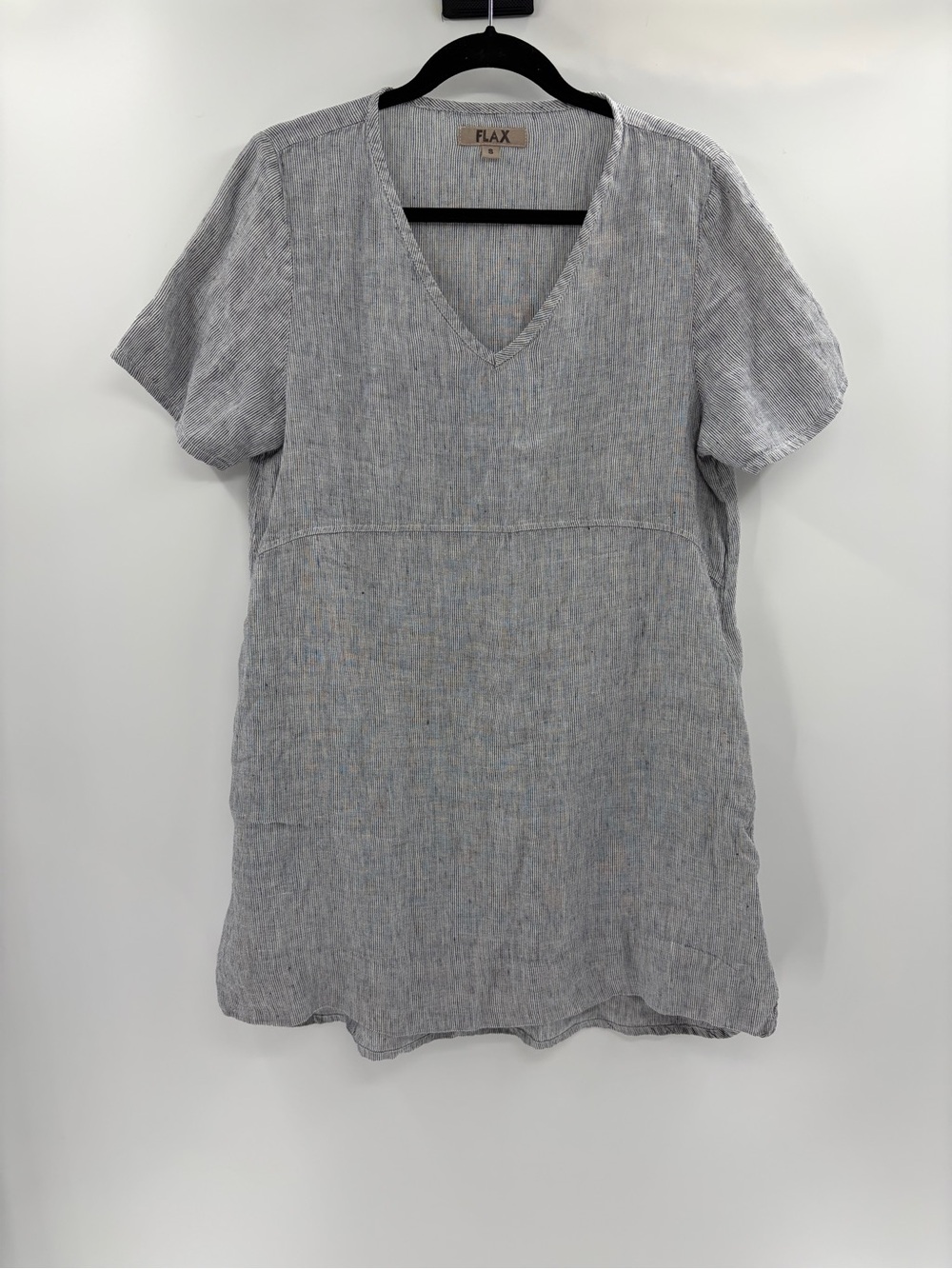 Flax linen Laganlook bohemian stripe grey shift v-neck pockets midi dress small - Picture 3 of 14